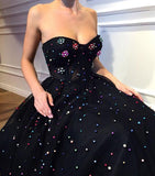 Elegant A Line Sweetheart Strapless Black Tulle Prom Dresses with Beading SJS15578