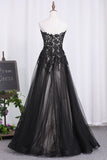 Sweetheart A Line Black Prom Dresses Tulle With Applique Floor Length