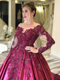 Ball Gown Long Sleeves Burgundy Satin Beads Prom Dresses with Appliques, Quinceanera Dress SJS15498