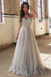 A-Line Bead Silver Spaghetti Straps Sweetheart Slit Tulle Backless Sleeveless Evening Dresses JS181