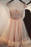Scoop Short Sleeves Homecoming Dresses A Line Tulle With Beading
