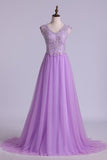 V Neck A Line/Princess Prom Dress Tulle With Applique & Beads