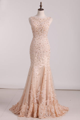 Prom Dresses See-Through Scoop With Applique And Beading Tulle Mermaid