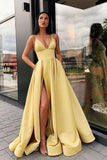 Simple A Line Yellow Spaghetti Straps Satin Prom Dresses with Slit, Party Dresss SJS15386