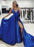 Spaghetti Straps Royal Blue V Neck Satin Prom Dresses with High Slit, A Line Formal Dresses SJS15419
