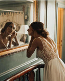 Elegant A Line Tulle Ivory V Neck Wedding Dresses With Pearls, V Back Beach Bridal Dresses SJS15153