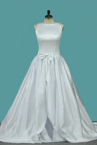 Scoop Satin A Line Wedding Dresses With Bow Knot Sweep Train