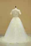 Open Back A Line Wedding Dresses Tulle With Applique And Beads Chapel Train