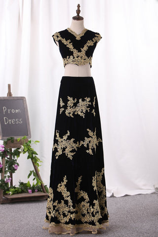 Two Pieces Prom Dresses V Neck A Line Velvet With Applique
