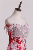 Prom Dresses Sweep Train Mermaid Off-The-Shoulder Sequins Lace Red