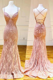 Mermaid Spaghetti Straps Pink Lace V Neck Beads Prom Dresses with SJS15654
