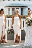 A Line Chiffon Spaghetti Straps Blush Pink Bridesmaid Dresses with Split, Long Prom Dress SJS15486