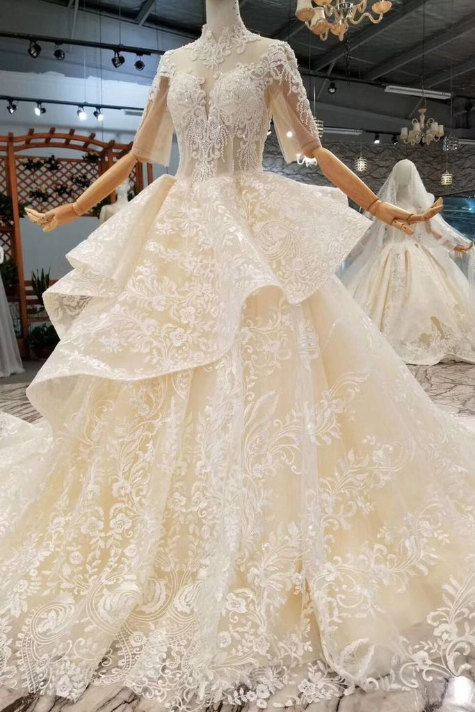 Luxury Wedding Dresses High Neck A-Line Lace Half Sleeves Open Back ...