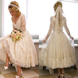 Vantage A Line V-Neck Long Sleeve Tea Length White Lace Princess Wedding Dresses JS668