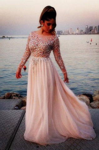 Long Sleeve Fashion Chiffon Long Scoop Pink A-Line Beads Custom Sexy Prom Dresses JS979