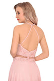 Chiffon Halter Open Back Prom Dresses With Beads And Embroidery A Line