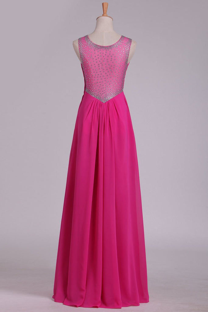 Prom Dresses Scoop Chiffon With Beads And Ruffles Floor Length A Line