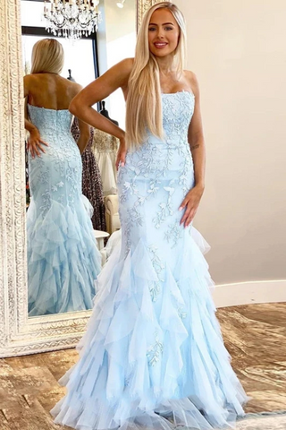 Mermaid Lace Appliques Prom Dress With Ruffles Strapless Long Evening SJSP75RA7RH