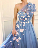Charming One Shoulder Blue Tulle 3D Flowers Prom Dresses, Long Cheap Dance Dresses SJS15119