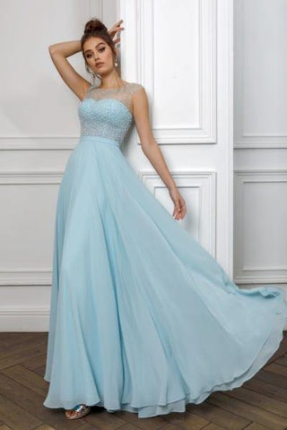 Long Chiffon Scoop Prom Dresses Blue Modest Formal Dresses