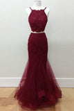 Hot-Selling Two-Piece Mermaid Halter Sleeveless Burgundy Long Prom Dress with Beading JS779