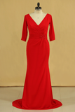 Red Plus Size Mother Of The Bride Dresses V Neck 3/4 Length Sleeve Spandex With Beads Mermaid
