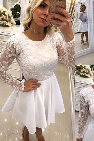 Scoop Long Sleeves A Line Homecoming Dresses Satin With Applique Knee Length