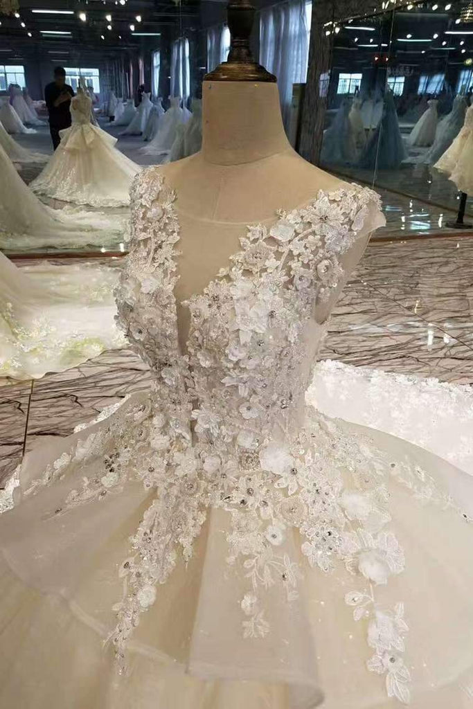 Gorgeous Handmade Flower Tulle Wedding Dresses A Line With Beads Rhinestones
