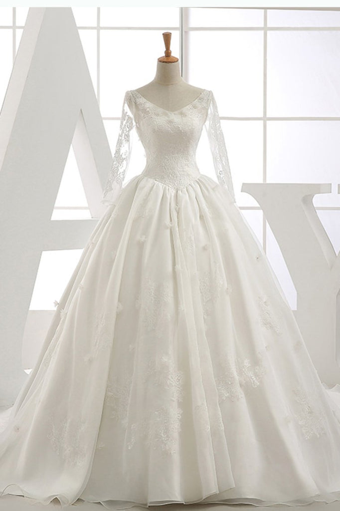 Long Sleeves Wedding Dresses V Neck With Applique Organza Cathedral Train