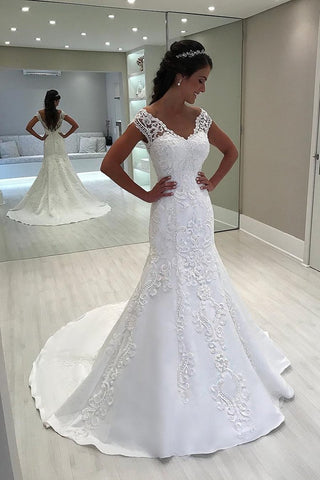 Mermaid Tulle Off The Shoulder Wedding Dresses With Applique Sweep Train