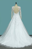 Tulle Wedding Dresses Scoop Long Sleeves A Line With Applique Court Train