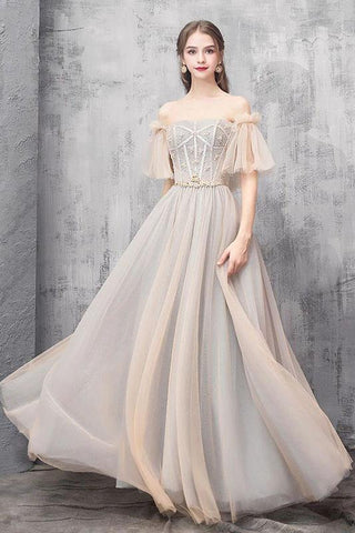 Elegant Off Shoulder Floor Length Tulle Prom Dress, Lace up Bridesmaid Dresses SJS15185