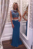 Two Pieces Beading Charming Open Back Blue High Neck Mermaid Long Prom Dresses uk L47