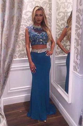 Two Pieces Beading Charming Open Back Blue High Neck Mermaid Long Prom Dresses uk L47