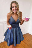Sparkle Fitted And Flare Blue Homecoming Dress V Neck