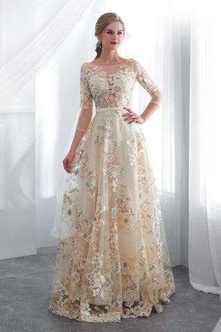 Charming A Line Floral Scoop Prom Dresses 3/4 Sleeves Empire Waist Long Evening Gowns SJS15088