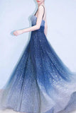 Elegant A Line Royal Blue Straps Floor Length Prom Dresses, Ombre Dance Dresses SJS15150