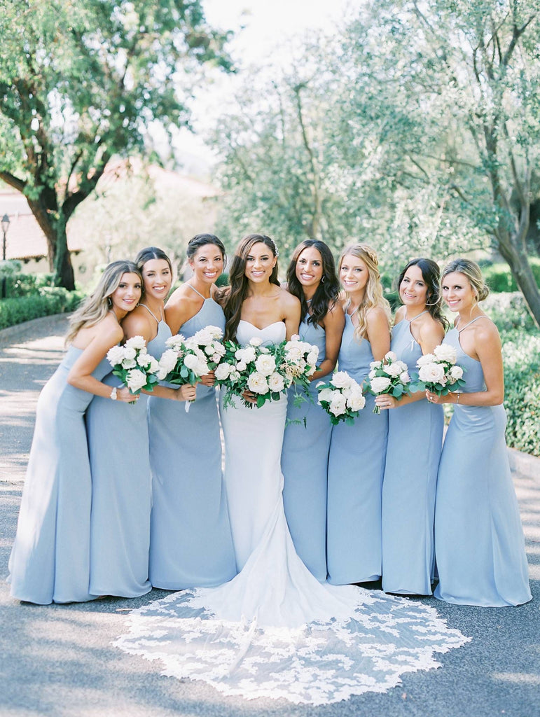Elegant Sheath Halter Light Blue Satin Long Bridesmaid Dresses