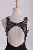 Black Open Back Prom Dresses Scoop A Line Chiffon With Beading