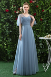 Cheap V Neck Tulle Long Prom Dress With Short Sleeves, A Line Bridesmaid Dresses