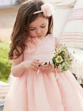 Cute Pink Tulle Flower Girl Dresses with Sash Floor Length, Round Neck Child Dresses SJS15575