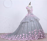 Scoop Ball Gown Gray Tulle Sleeveless Bowknot Empire Waist Wedding Dress with Pink Flowers JS576