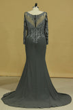 Plus Size Long Sleeves Scoop Beaded Bodice Mermaid Evening Dresses Chiffon & Tulle
