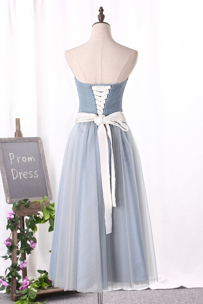 Simple A-Line Tulle Prom Dress Sweetheart With Sash Tea Length
