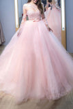 Pink Ball Gown Jewel Long Sleeves Sweep/Brush Train Lace Tulle Evening Dresses