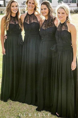 A-Line Long Black Lace Chiffon Bridesmiad Dresses Bridesmaid Gowns