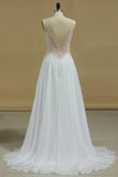 A Line V Neck With Beads And Slit Chiffon Open Back Prom Dresses