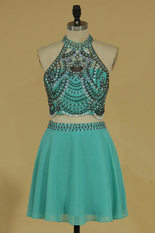 Two-Piece Halter Beaded Bodice Homecoming Dresses A Line Chiffon