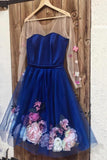 Unique Long Sleeve Blue Short Prom Dresses With 3D Appliques, Homecoming Dress SJS15604