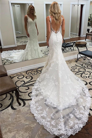 Vintage Mermaid Lace Bridal Gown Sexy Backless Beach Wedding Dress
